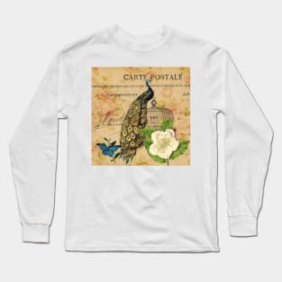 peacock white rose floral vintage botanical art Long Sleeve T-Shirt